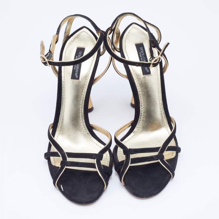 Pre Owned Dolce & Gabbana Black/Gold Suede And Leather Trim Strappy Sandals Size 36
