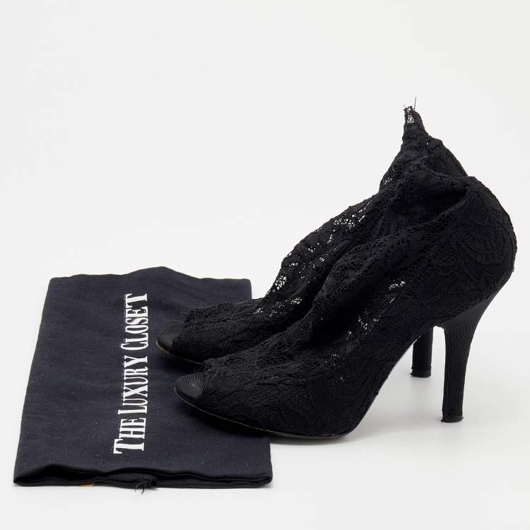 Pre Owned Dolce & Gabbana Black Lace Peep Toe Booties Size 37