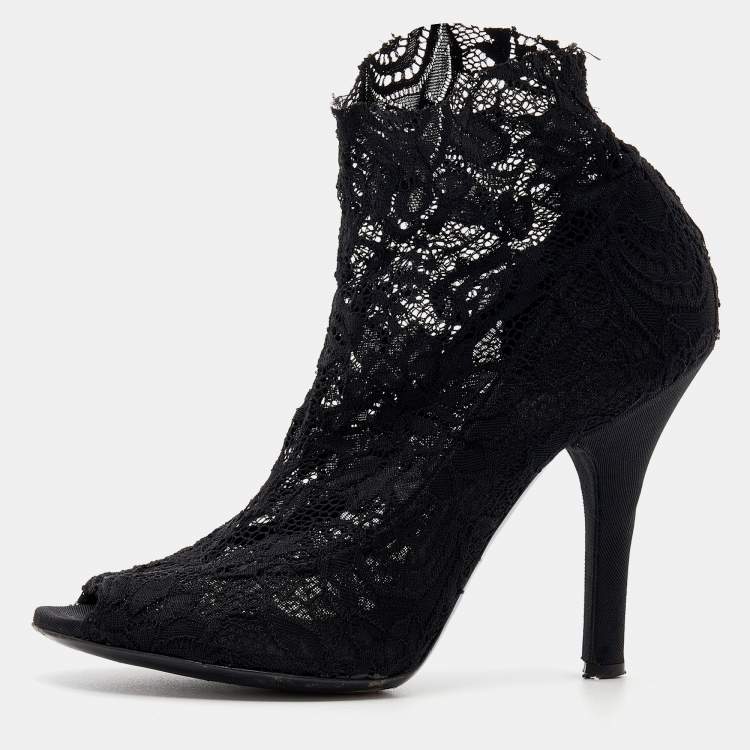 Pre Owned Dolce & Gabbana Black Lace Peep Toe Booties Size 37