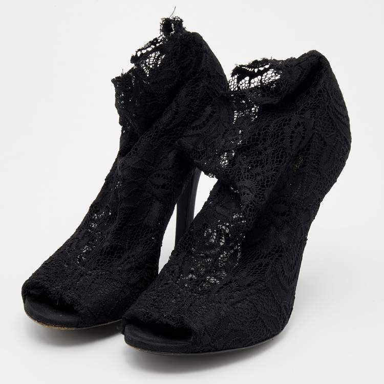 Pre Owned Dolce & Gabbana Black Lace Peep Toe Booties Size 37
