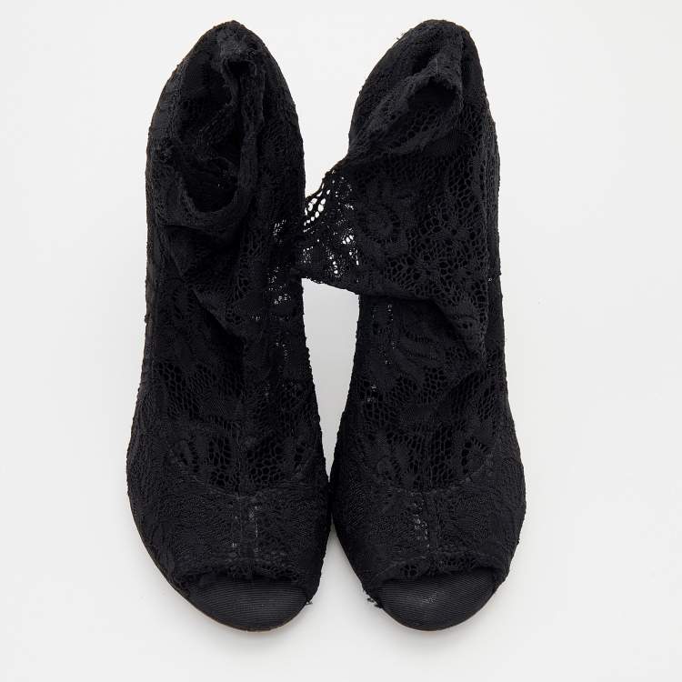 Pre Owned Dolce & Gabbana Black Lace Peep Toe Booties Size 37