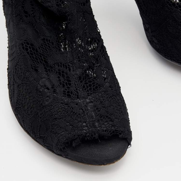 Pre Owned Dolce & Gabbana Black Lace Peep Toe Booties Size 37