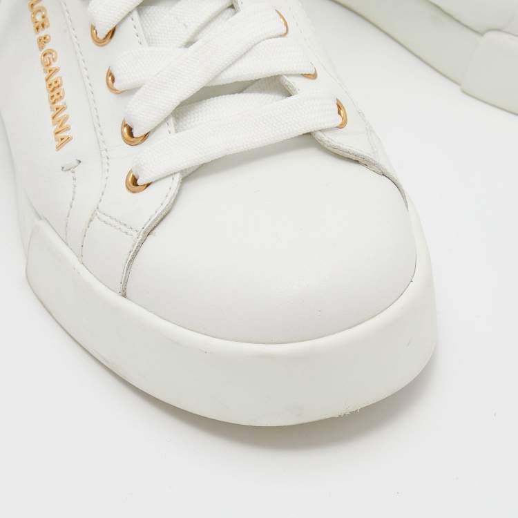 Pre Owned Dolce & Gabbana White/Gold Leather Portofino Embellished Low Top Sneakers Size 38