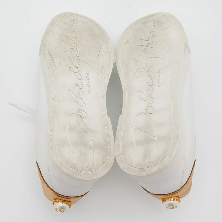 Pre Owned Dolce & Gabbana White/Gold Leather Portofino Embellished Low Top Sneakers Size 38