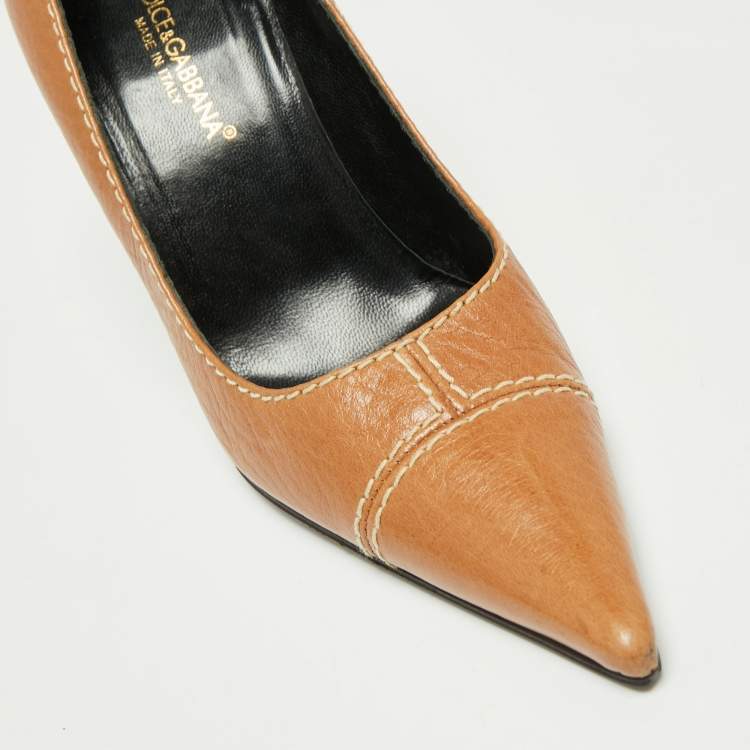 Pre Owned Dolce & Gabbana Brown Leather Stitch Detail Pointed Toe Pumps Size 37