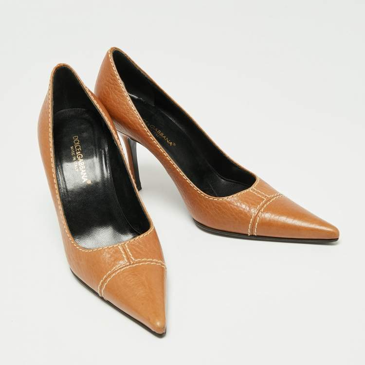 Pre Owned Dolce & Gabbana Brown Leather Stitch Detail Pointed Toe Pumps Size 37