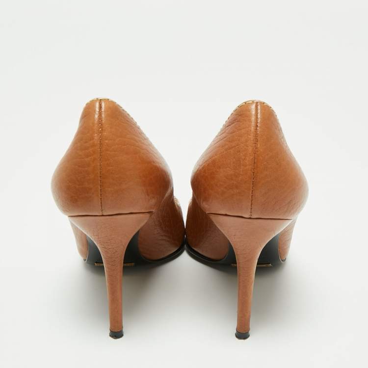 Pre Owned Dolce & Gabbana Brown Leather Stitch Detail Pointed Toe Pumps Size 37