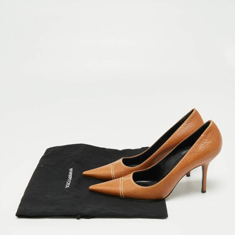 Pre Owned Dolce & Gabbana Brown Leather Stitch Detail Pointed Toe Pumps Size 37