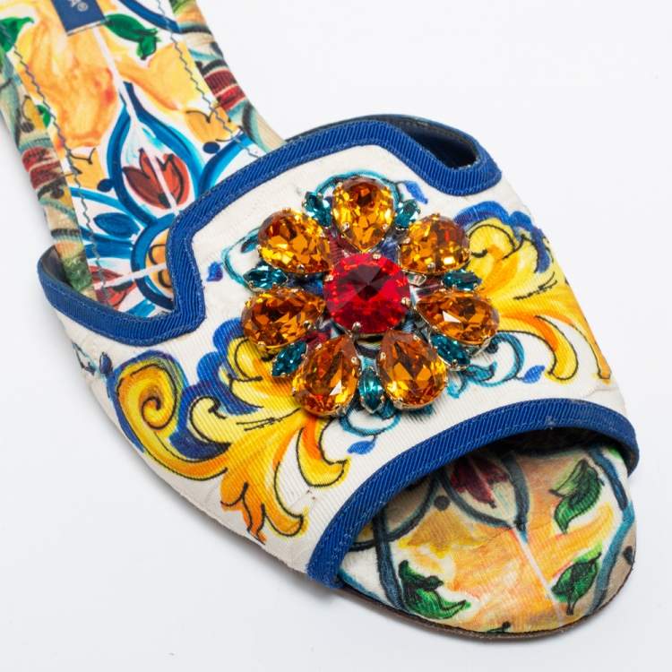 Pre Owned Dolce & Gabbana Multicolor Floral Brocade Fabric Embellished Flat Sandals Size 40