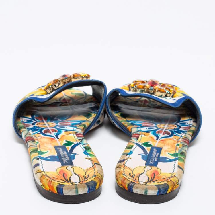 Pre Owned Dolce & Gabbana Multicolor Floral Brocade Fabric Embellished Flat Sandals Size 40
