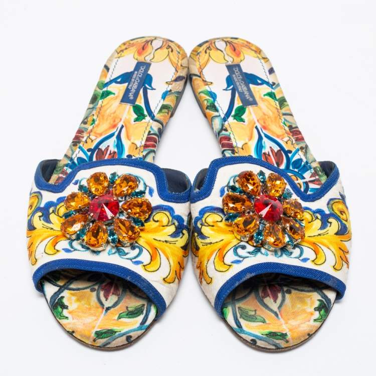 Pre Owned Dolce & Gabbana Multicolor Floral Brocade Fabric Embellished Flat Sandals Size 40
