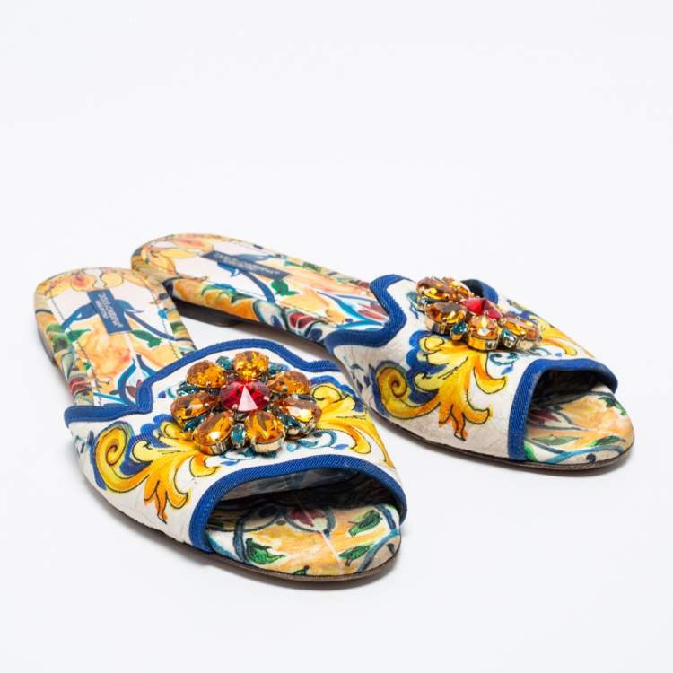 Pre Owned Dolce & Gabbana Multicolor Floral Brocade Fabric Embellished Flat Sandals Size 40