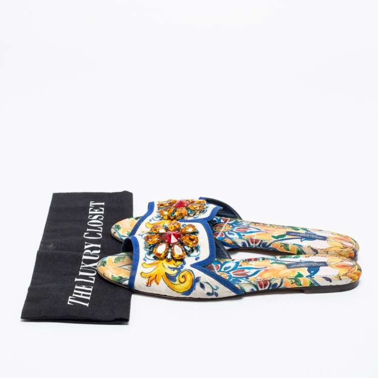 Pre Owned Dolce & Gabbana Multicolor Floral Brocade Fabric Embellished Flat Sandals Size 40