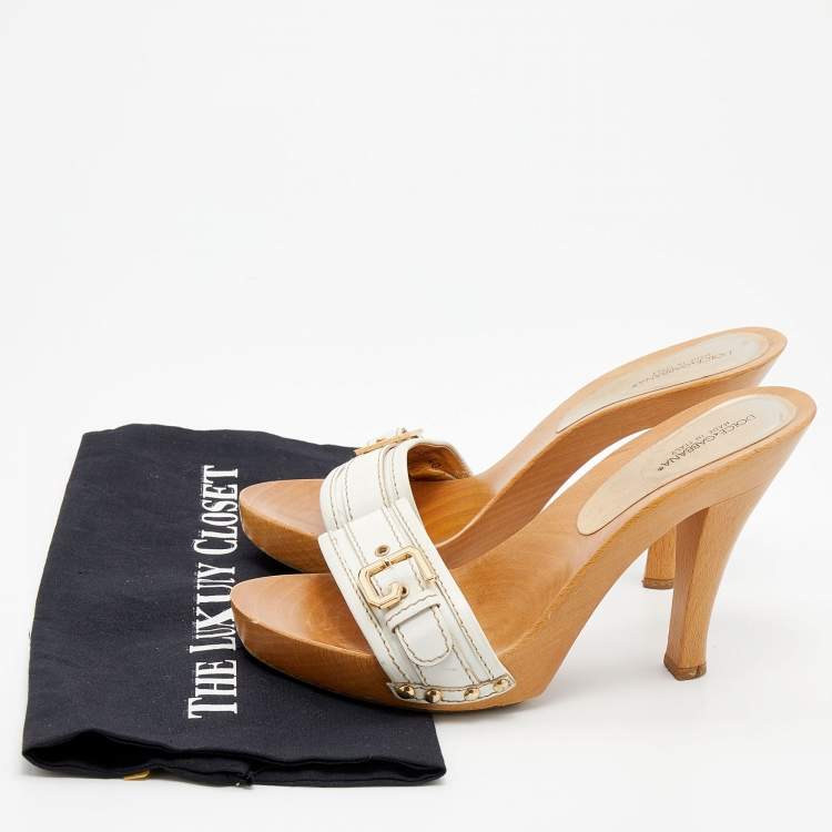 Pre Owned Dolce & Gabbana White Leather Wooden Platform Slide Sandals Size 40