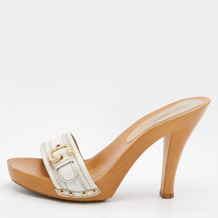 Pre Owned Dolce & Gabbana White Leather Wooden Platform Slide Sandals Size 40