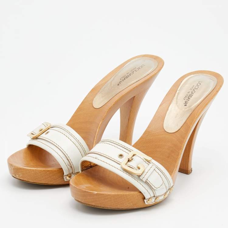Pre Owned Dolce & Gabbana White Leather Wooden Platform Slide Sandals Size 40