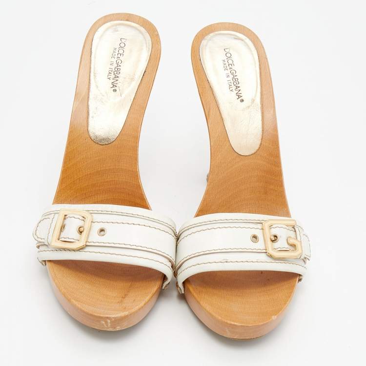 Pre Owned Dolce & Gabbana White Leather Wooden Platform Slide Sandals Size 40