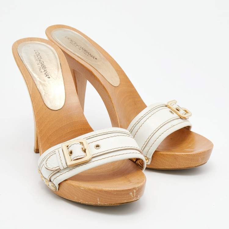 Pre Owned Dolce & Gabbana White Leather Wooden Platform Slide Sandals Size 40