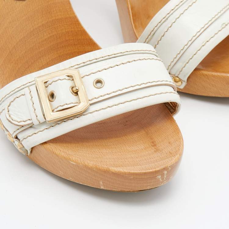 Pre Owned Dolce & Gabbana White Leather Wooden Platform Slide Sandals Size 40