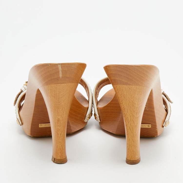 Pre Owned Dolce & Gabbana White Leather Wooden Platform Slide Sandals Size 40