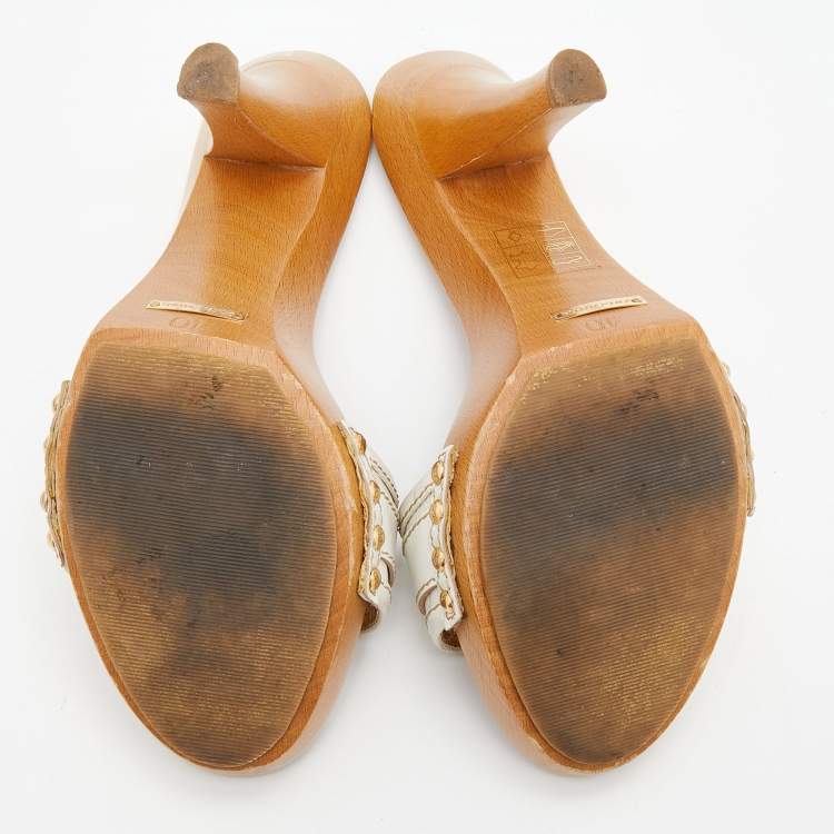Pre Owned Dolce & Gabbana White Leather Wooden Platform Slide Sandals Size 40