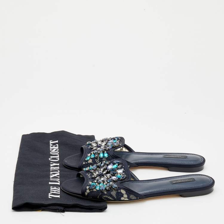 Pre Owned Dolce & Gabbana Navy Blue Lace and Satin Crystal Embellished Bianca Flat Slides Size 40