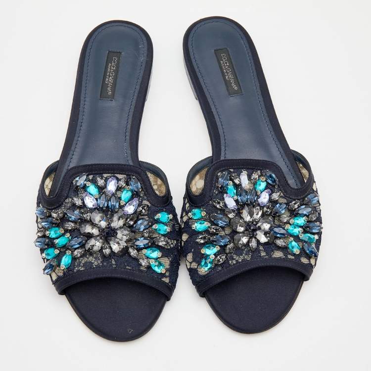 Pre Owned Dolce & Gabbana Navy Blue Lace and Satin Crystal Embellished Bianca Flat Slides Size 40