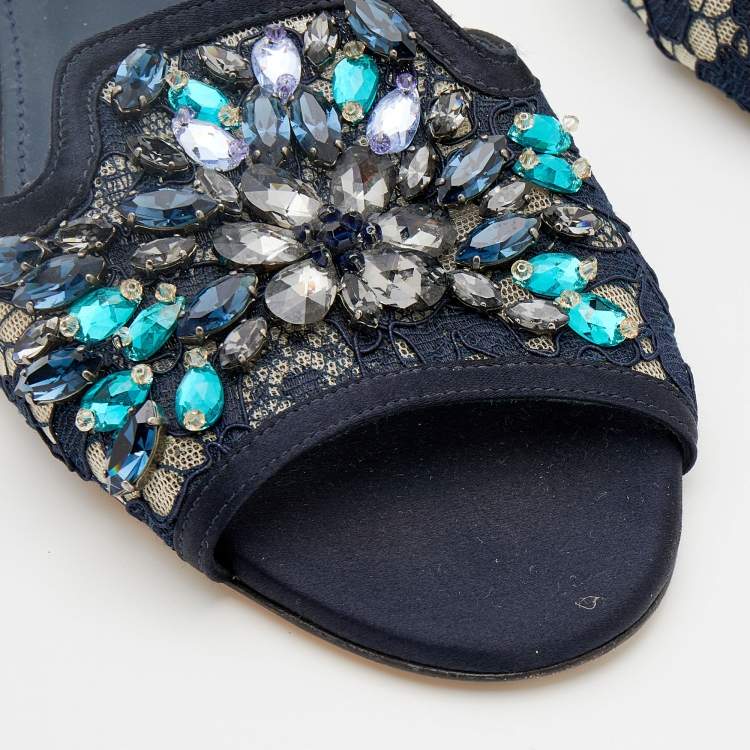 Pre Owned Dolce & Gabbana Navy Blue Lace and Satin Crystal Embellished Bianca Flat Slides Size 40