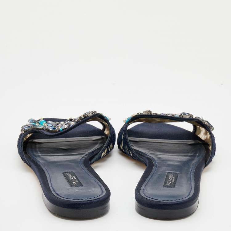 Pre Owned Dolce & Gabbana Navy Blue Lace and Satin Crystal Embellished Bianca Flat Slides Size 40