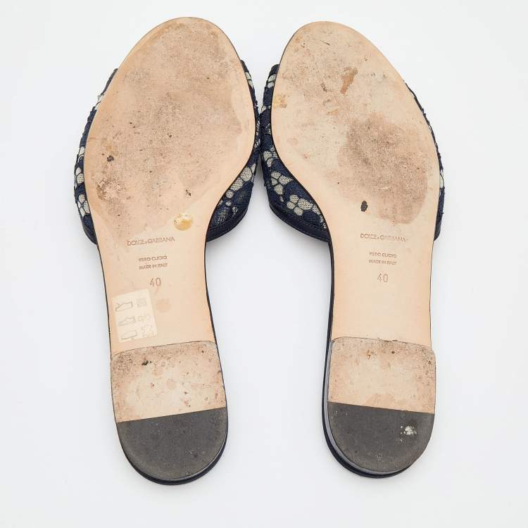 Pre Owned Dolce & Gabbana Navy Blue Lace and Satin Crystal Embellished Bianca Flat Slides Size 40