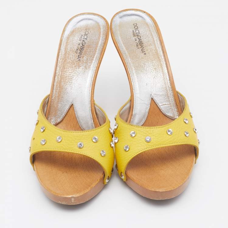 Pre Owned Dolce & Gabbana Yellow Leather Crystal Embellished Platform Slide Sandals Size 40