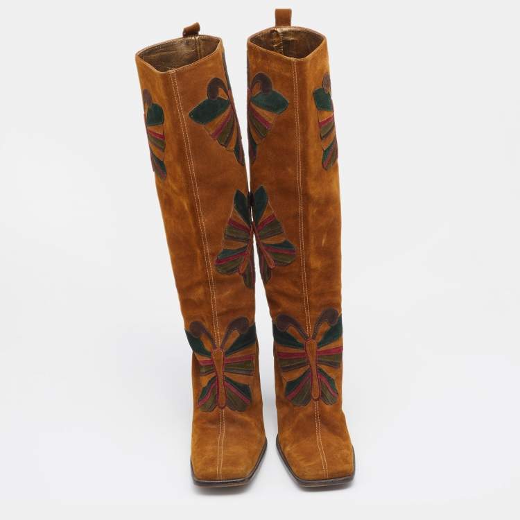 مملوكة مسبقًا Dolce & Gabbana Brown Suede Butterfly Square-Toe Knee Length Boots Size 39.5