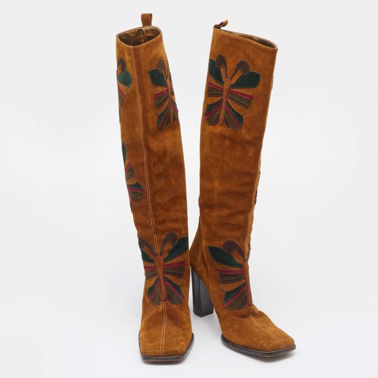 مملوكة مسبقًا Dolce & Gabbana Brown Suede Butterfly Square-Toe Knee Length Boots Size 39.5
