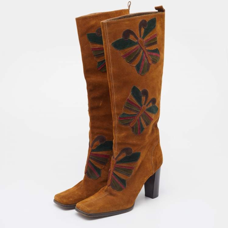 مملوكة مسبقًا Dolce & Gabbana Brown Suede Butterfly Square-Toe Knee Length Boots Size 39.5