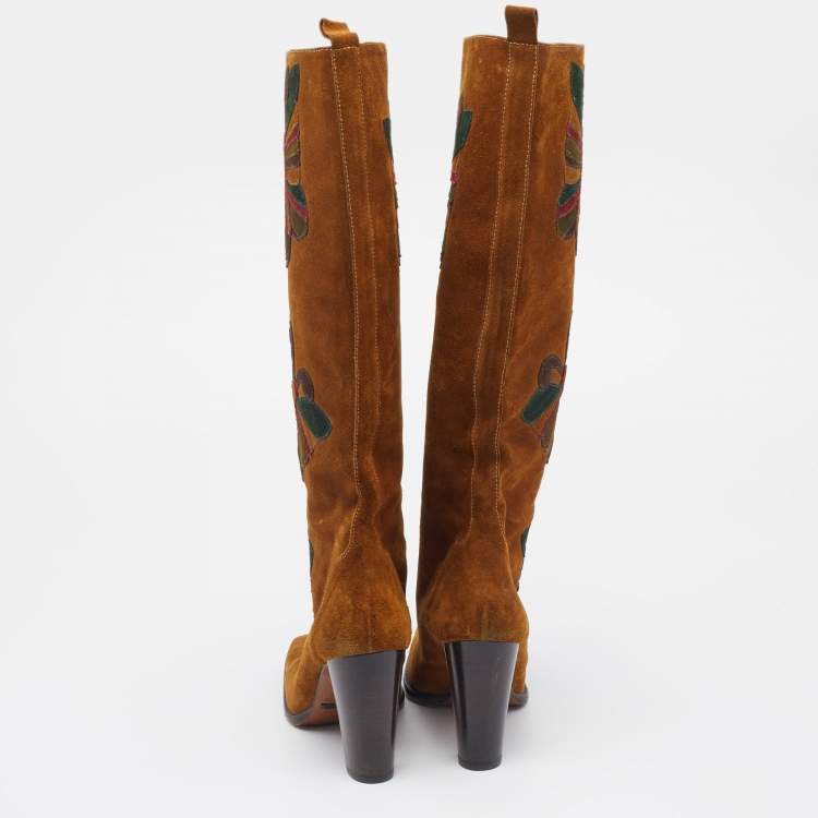 مملوكة مسبقًا Dolce & Gabbana Brown Suede Butterfly Square-Toe Knee Length Boots Size 39.5