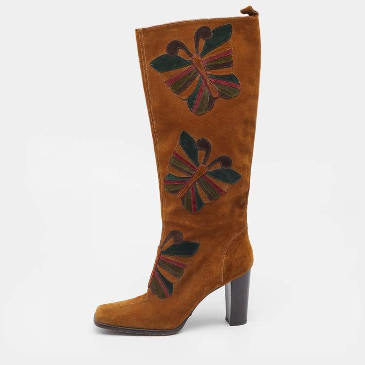 مملوكة مسبقًا Dolce & Gabbana Brown Suede Butterfly Square-Toe Knee Length Boots Size 39.5