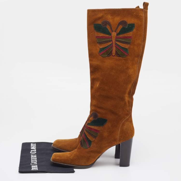 مملوكة مسبقًا Dolce & Gabbana Brown Suede Butterfly Square-Toe Knee Length Boots Size 39.5