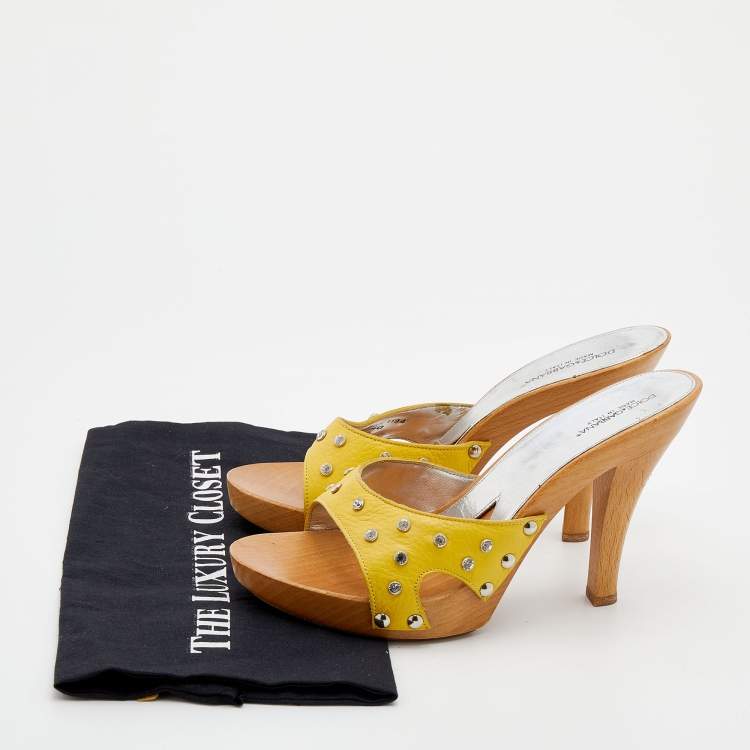 Pre Owned Dolce & Gabbana Yellow Leather Crystal Embellished Wooden Platform Slide Sandals Size 40