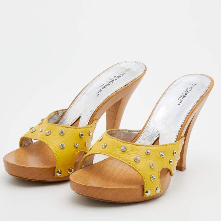 Pre Owned Dolce & Gabbana Yellow Leather Crystal Embellished Wooden Platform Slide Sandals Size 40