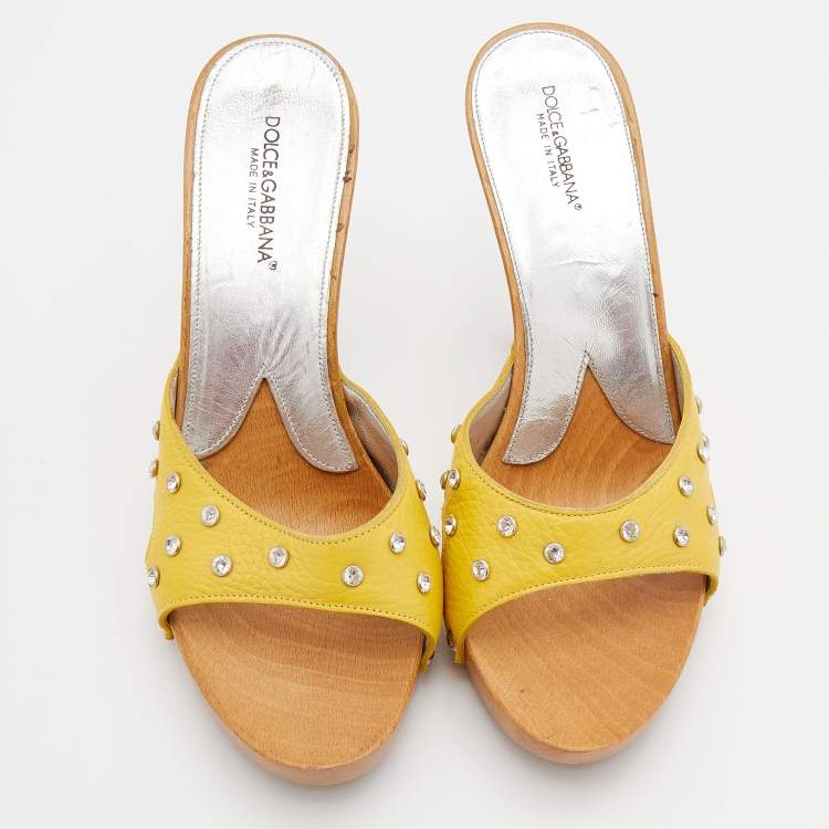 Pre Owned Dolce & Gabbana Yellow Leather Crystal Embellished Wooden Platform Slide Sandals Size 40