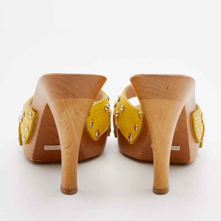 Pre Owned Dolce & Gabbana Yellow Leather Crystal Embellished Wooden Platform Slide Sandals Size 40