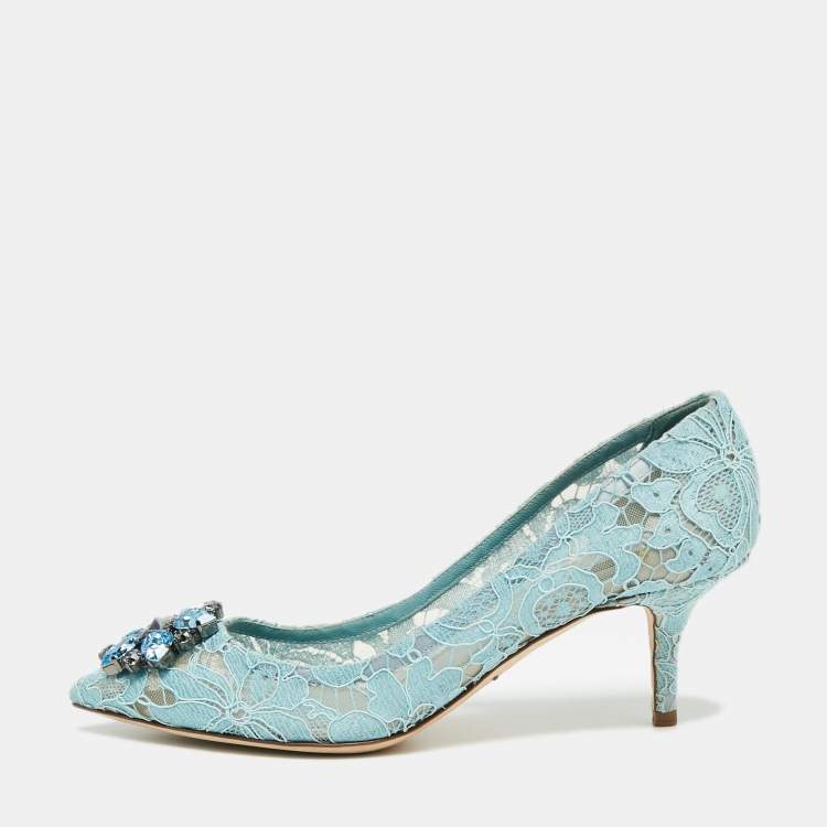 Pre Owned Dolce & Gabbana Blue Lace Crystal Brooch Embellished Bellucci Pumps Size 39