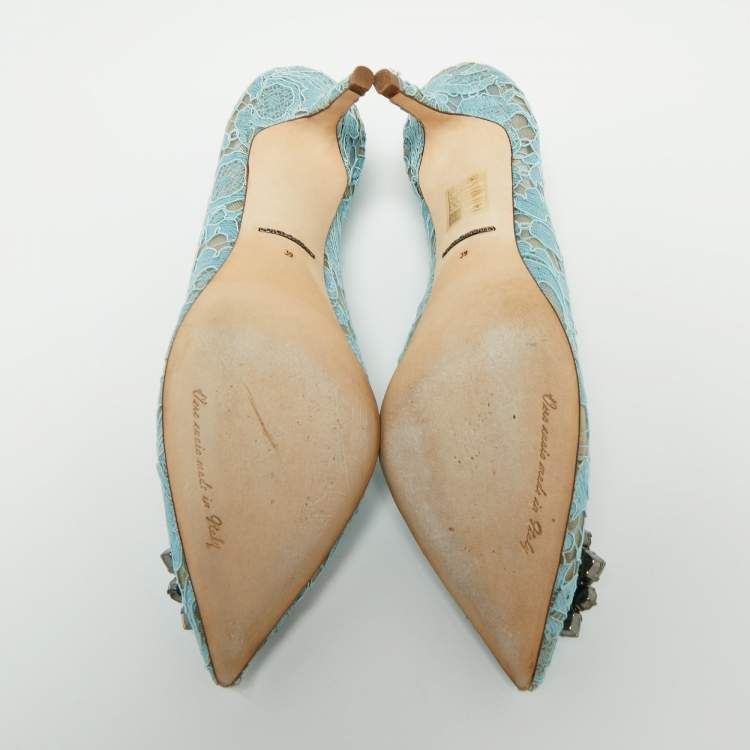 Pre Owned Dolce & Gabbana Blue Lace Crystal Brooch Embellished Bellucci Pumps Size 39