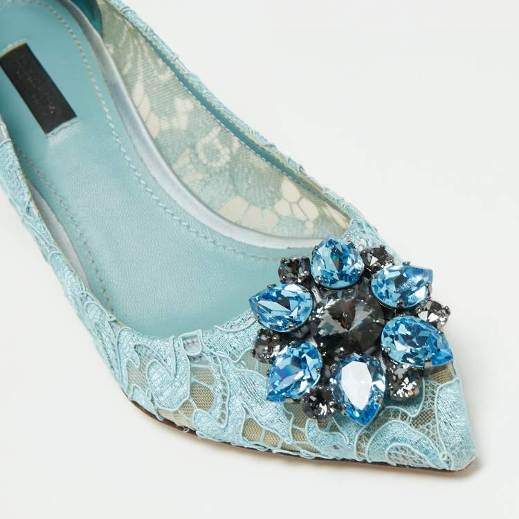 Pre Owned Dolce & Gabbana Blue Lace Crystal Brooch Embellished Bellucci Pumps Size 39