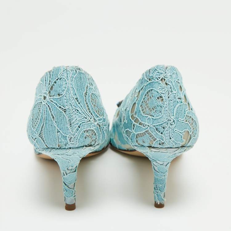 Pre Owned Dolce & Gabbana Blue Lace Crystal Brooch Embellished Bellucci Pumps Size 39