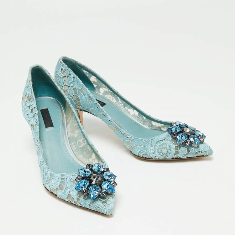 Pre Owned Dolce & Gabbana Blue Lace Crystal Brooch Embellished Bellucci Pumps Size 39