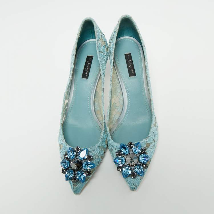 Pre Owned Dolce & Gabbana Blue Lace Crystal Brooch Embellished Bellucci Pumps Size 39