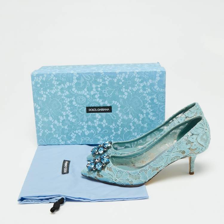 Pre Owned Dolce & Gabbana Blue Lace Crystal Brooch Embellished Bellucci Pumps Size 39