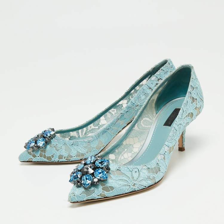 Pre Owned Dolce & Gabbana Blue Lace Crystal Brooch Embellished Bellucci Pumps Size 39