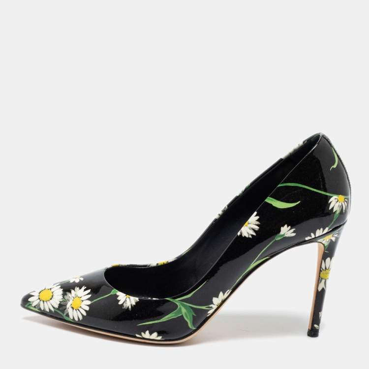 Pre Owned Dolce & Gabbana Black Patent Leather Sunflower Printed Pointed Toe Pump Size 38